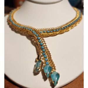 VTG Hobé Gold Tone Turquoise Bead Collar Necklace Egyptian Statement Dangle